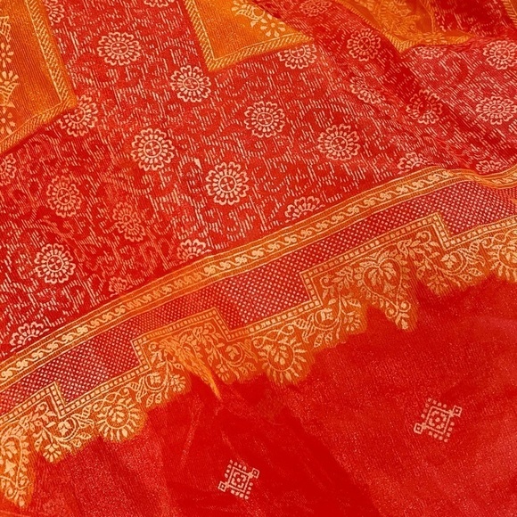 Orange Sheer Saree Fabric With Embroidered Gold Trim - Picture 2 of 8